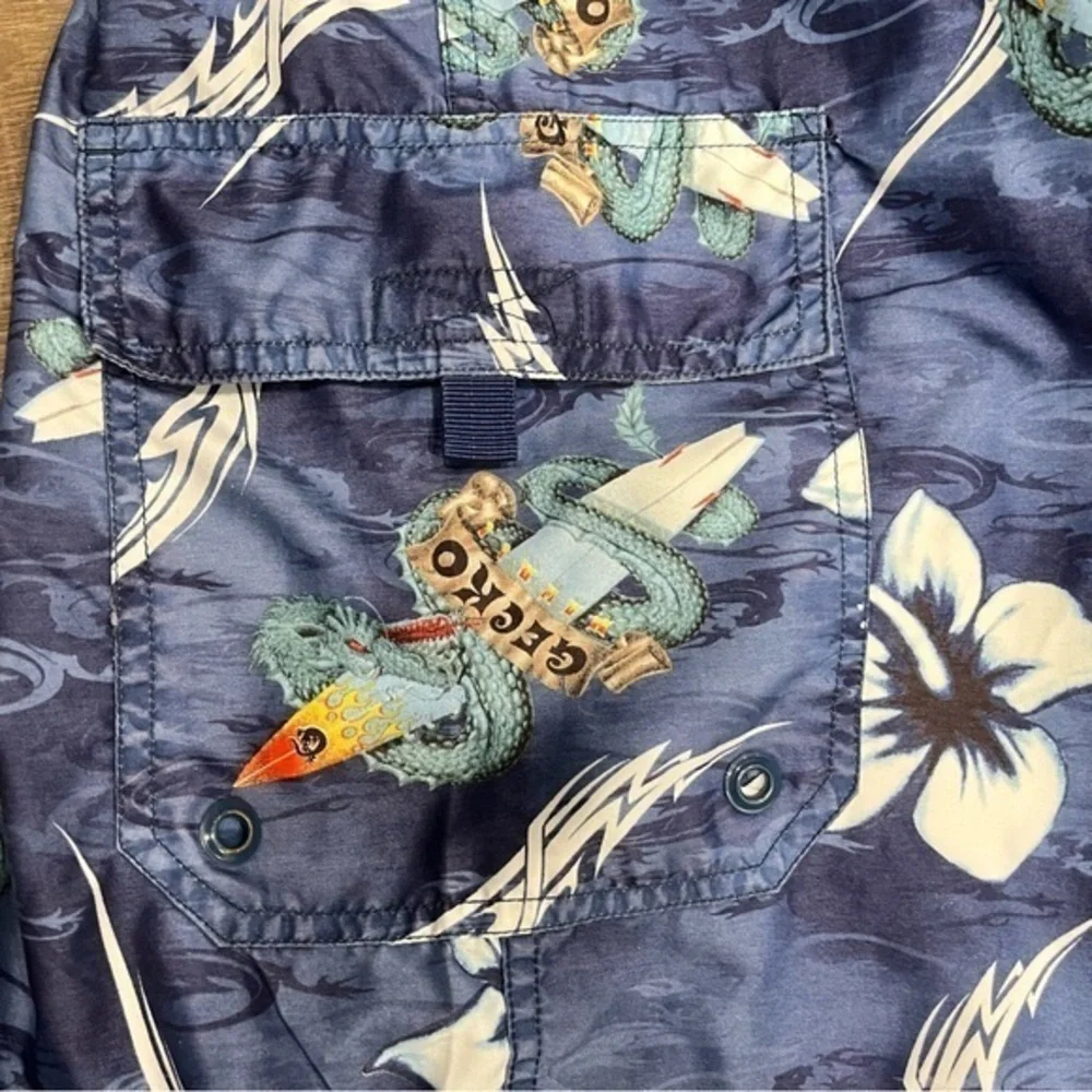 Vintage Gecko Dragon Floral Surf Board Hawaii‎ Shorts All Over Print Men 32”